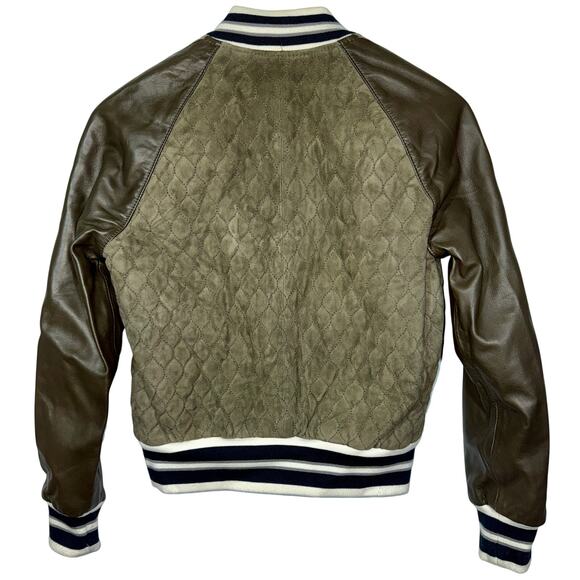 Abercrombie & Fitch Green Quilted Lamb Leather Varsity Bomber Jacket Womens Sz S - Picture 2 of 6